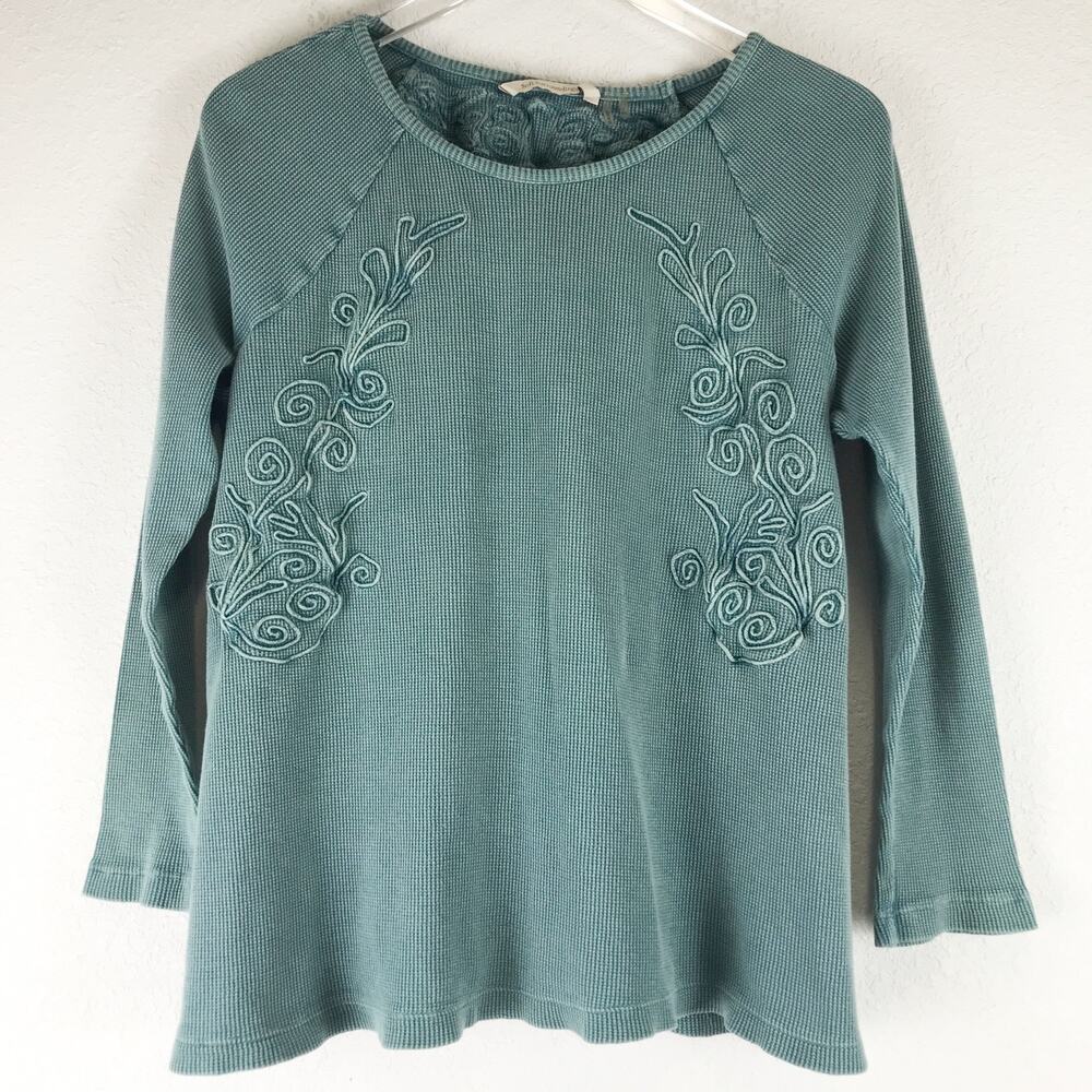 Soft Surroundings Camden Waffle Knit Cotton Thermal Floral Piping Top Petite XL
